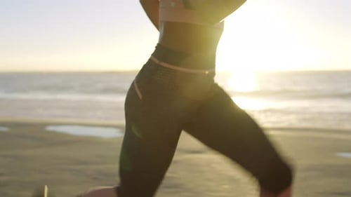 Run, sunset and woman on beach, workout and training for wellness, health and exercise