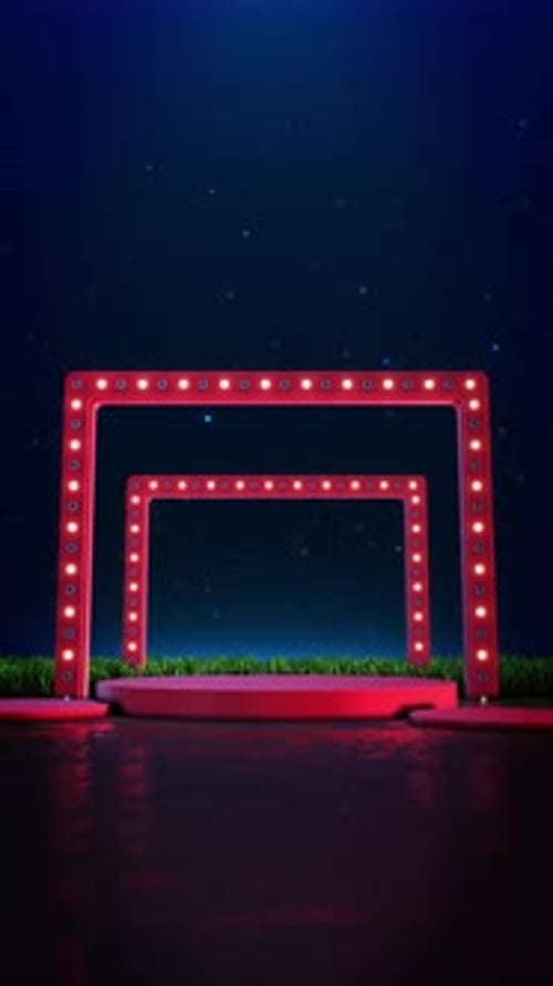 Neon Red Stage Podium With Glowing Frames On Night Grass Background 3D Render Scene Display Stage