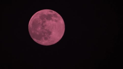 The full moon moves quickly in the dark sky. Werewolf red full moon. Dramatic sky view, time lapse