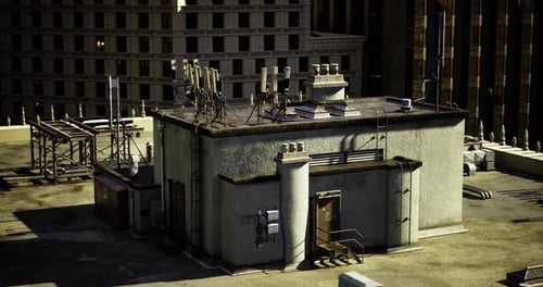 Rooftop Equipment and Antennas on a City Building During Twilight Hours