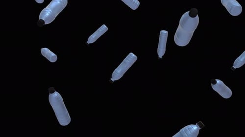 Falling water bottles over alpha channel. Rain of water bottles across the screen.