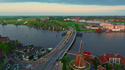 Aerial View of Windmills at Famous Tourist Site Zaanse Schans in Holland on Sunset Zaandam