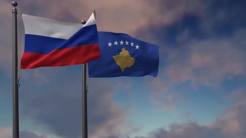 Animated Russian and Kosovo Flags Waving in Sky