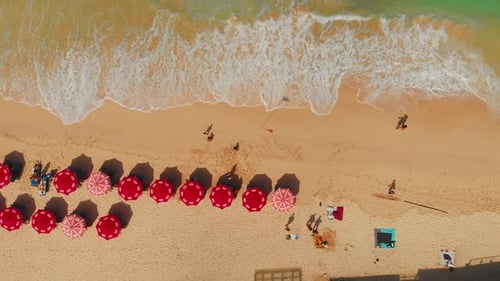 Top Aerial View on Sandy Ocean Shore with Resting Tourists and Beach Umbrellas Turquoise Water in