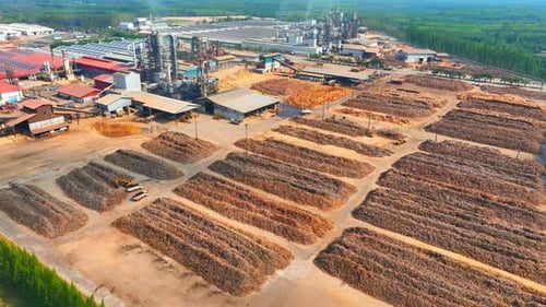 Aerial drone view of a wood processing factory.