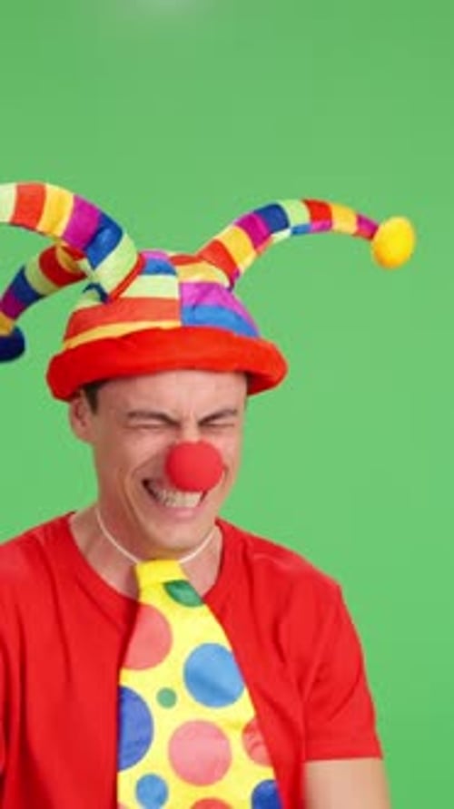 Clown mit Narrenhut und roter Lachnase