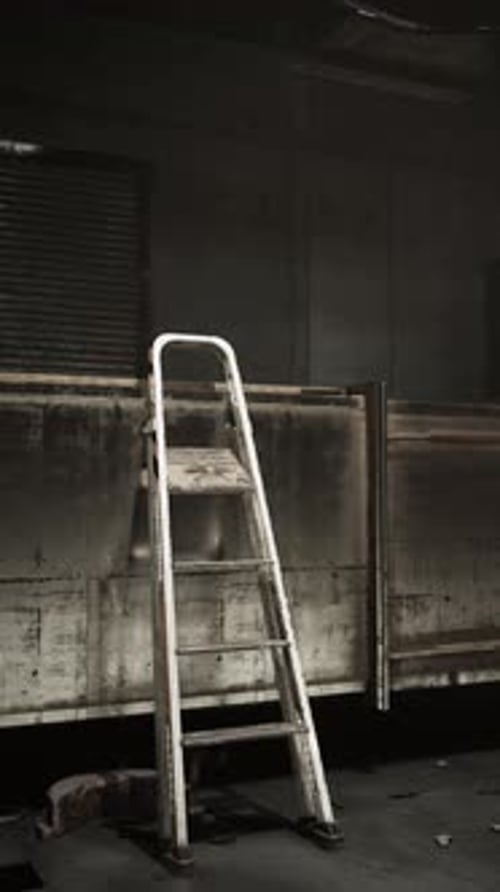 Weathered Ladder Rests Against a Rusty Container in an Abandoned Warehouse