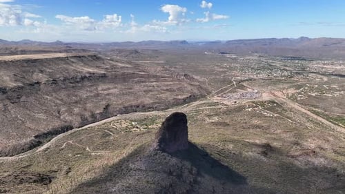 Aerial view of rugged rock formations and valley, United States.