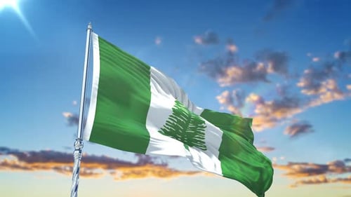Realistic Norfolk Island Flag Waving Animation against Blue Sky