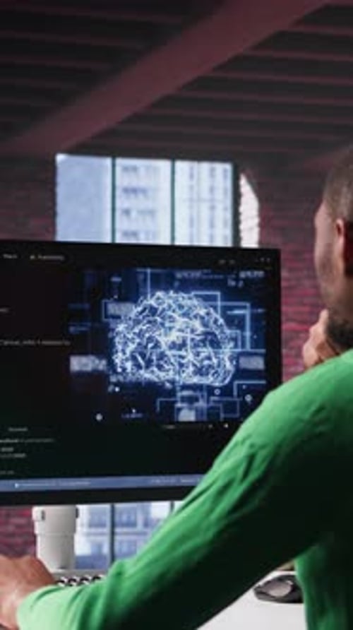Vertical Video Black Tech Engineer Programming an AI Brain Neural Network for Machine Learning