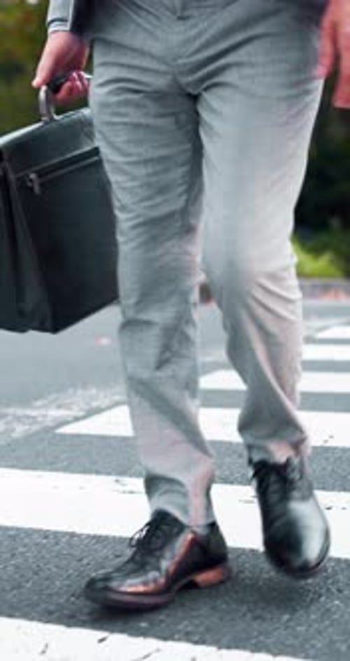 Business man, travel and legs on road for commute, location or journey to workplace with crosswalk