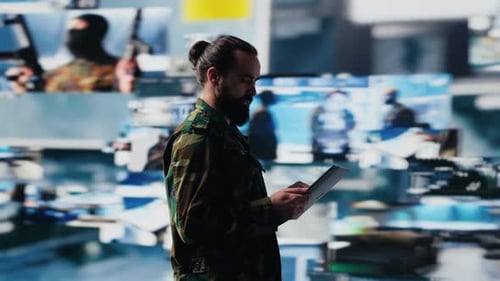 Army Officer Working in a Virtual War Zone with Digital Tech and Satellite Data
