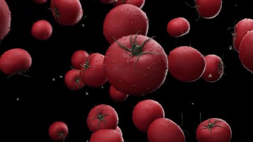 Tomates rojos frescos flotantes con gotas de agua