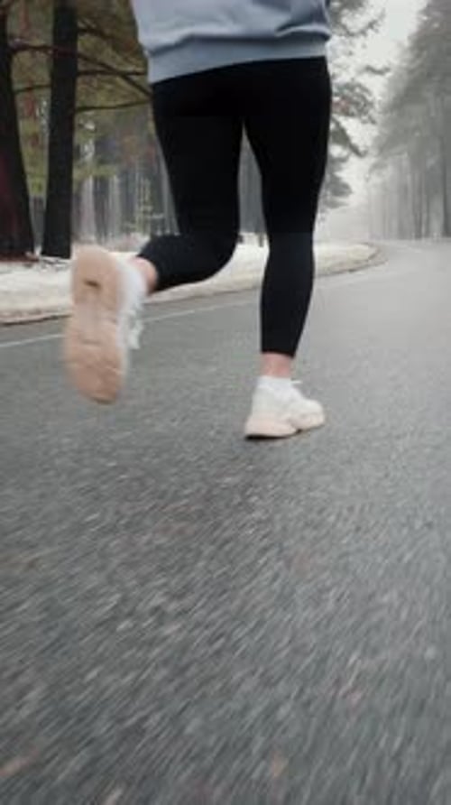 Slim female legs in sneakers and leggins running in winter park. Vertical video