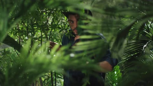Adventurer in Hat Walking through Jungle Forest