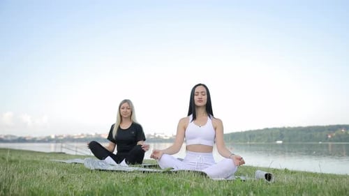 Exercise and Training with a Female Yogi and Friend Outside on a Grass Field for a Summer Workout