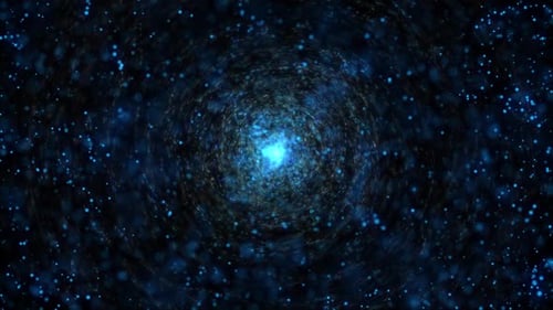 Abstract digital whirlpool of glowing particles on dark background. Circular movement