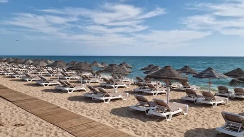 Great Panoramic View of the Beach with Umbrellas and Sun Beds for Tourists Vacationers