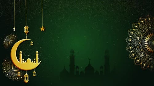 Golden Crescent Moon and Mosque Animated Background for Ramadan Eid