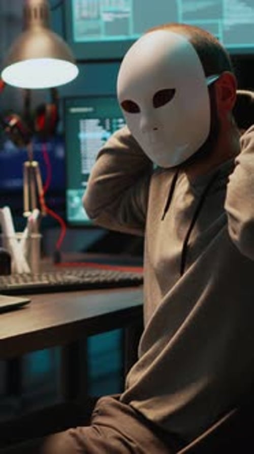 Un escroc masqué par une vidéo verticale piratant un réseau informatique tard dans la nuit