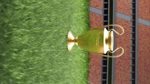 Tournament trophy in stadium, 3d render vertical video with text space