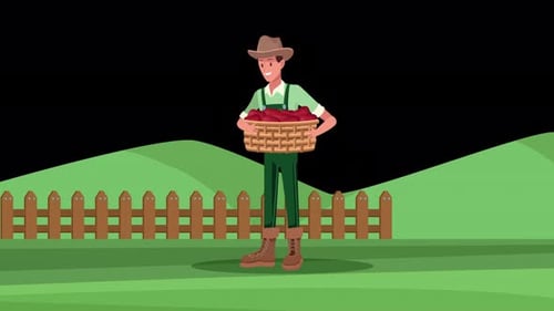 Farmer Holding A Fruit And Vegetable Basket 4K On Alpha Channel