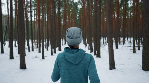 Person Jogging Through Snow Covered Winter Forest