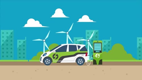 Electric Car Charging at Station with Wind Turbines Animation