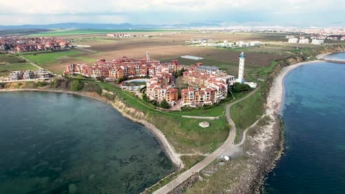 Aerial view of lighthouse and coastline, Bulgaria.