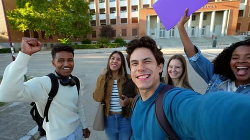 Happy Multiracial University Students Vlogging on Campus