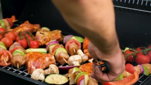Barbecue Meat and Vegetables are Fried on the Grill Selective Focus