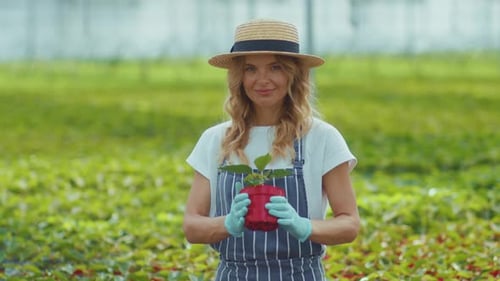 Woman Holding Plant Seedling in Greenhouse