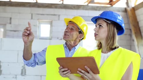 Architects and worker discussing construction project issues at building site