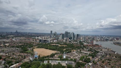 Extensive Aerial Perspective of London Landmarks and the Canary Wharf