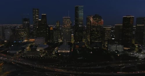 4k aerial view of downtown Houston at night