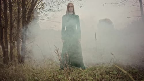 Model posing in green dress with fog rolling in