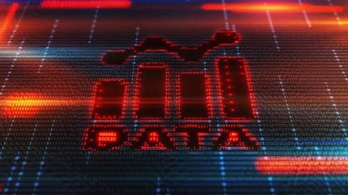 Graphique à barres croissant émergeant d'un code binaire en rouge et bleu