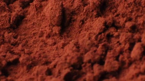 Details of cacao or coffee under a microscope. Extreme closeup of a cacao powder isolated on white b
