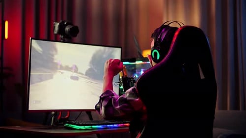 Asian Boy Streamer Celebrating Winning Game On Computer. Live Stream Video Game