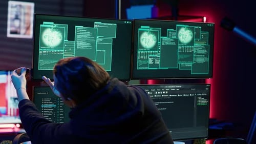 Fröhlicher Hacker ist stolz, nachdem er mithilfe von betrügerischen Skripten die Verteidigung durchbrochen hat