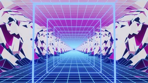 Berg mit quadratischem Neon-Tunnelschleifen-Cyberpunk-Hintergrund