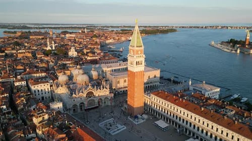 Venice City Aerial View of St Mark's Square Basilica and Doge's Palace Italy