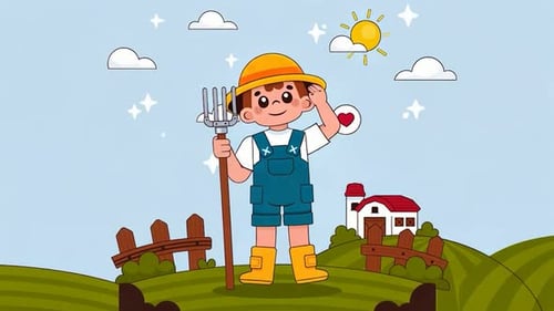 Cute Farmer Boy with Pitchfork - Agriculture Land - Kids Cartoon Animations - Countryside Farm