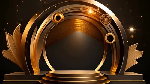 Elegant Golden Stage Arch with Shimmering Particles Background