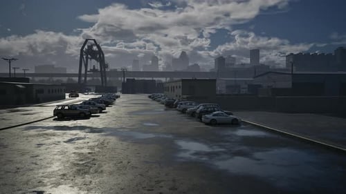 3D Animated Urban Parking Lot in Industrial Cityscape