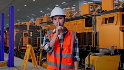 Asian Male Engineer Making Shh Gesture, Train Service