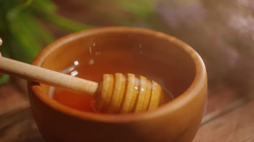 A Person is Dipping Wooden Spoon in Honey Golden Fresh Honey is Pouring From Stick Organic