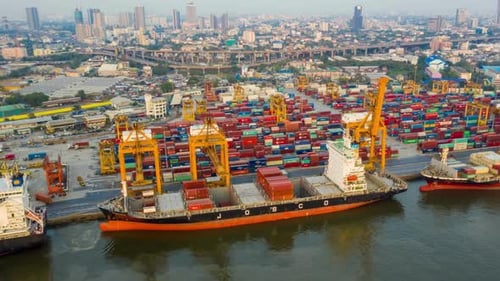 Busy Shipping Port Aerial View, Cargo Containers