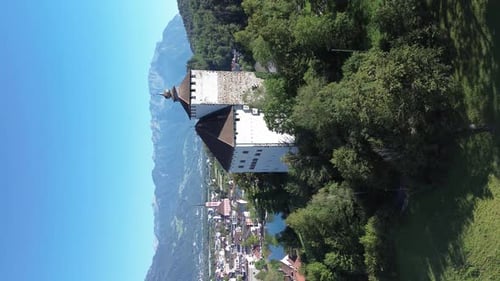 Beautiful view of top to Werdenberg castle. View from drone, quadrocopter to the medieval castle