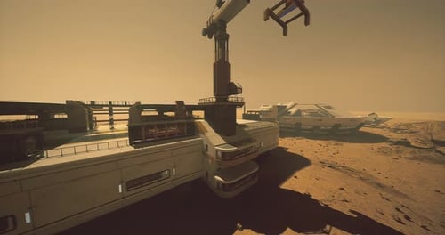 Futuristic Martian Base with Moving Crane and Space Vehicle